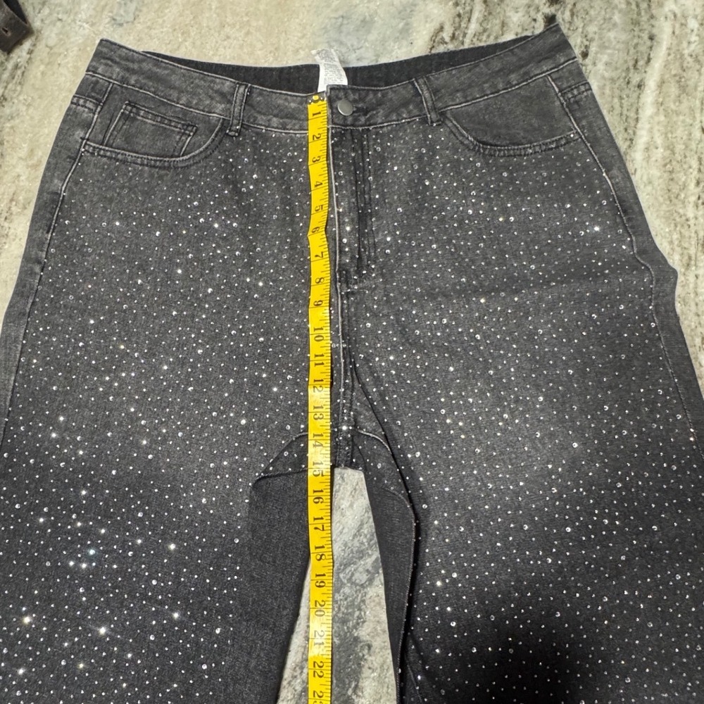 ANEWSTA Jeans Womens 1XL Rhinestone Denim Statemnt Black Wide Leg Festival Curve - Picture 3 of 12